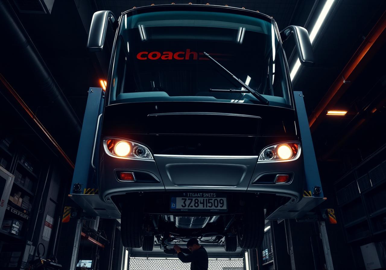 Coach raised on workshop lift