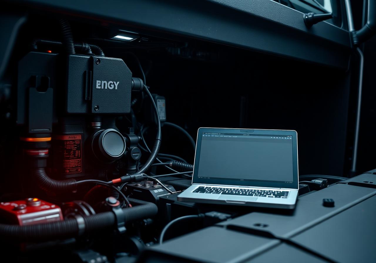 Diagnostic laptop connected to HGV engine bay
